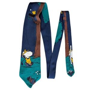 90s Vintage Peanuts 100% Silk Snoopy Woodstock Golf Theme Novelty Neck Tie